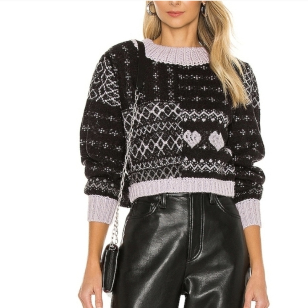Free people Snow Globe Sweater Black & Purple Heart Pullover XS Anthropologie